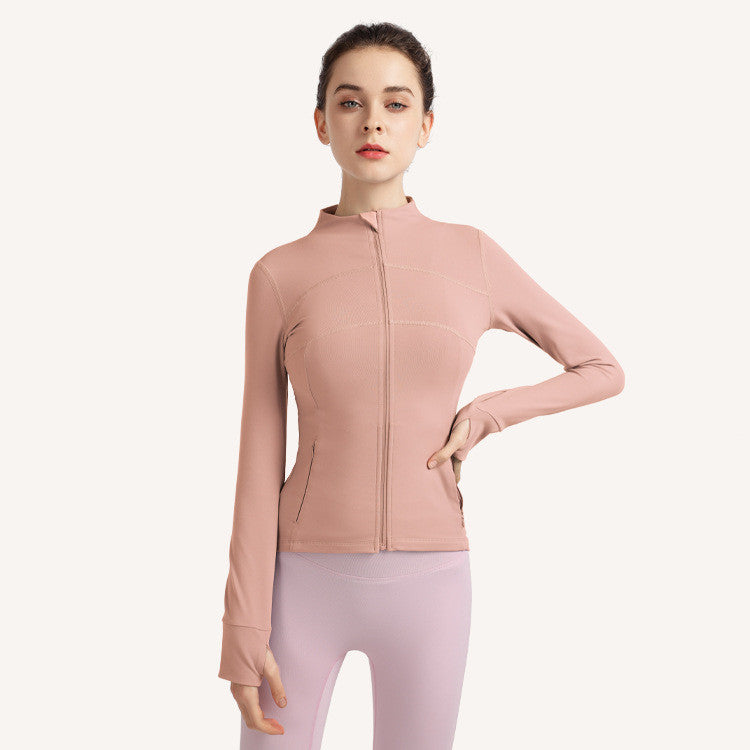Women's Fashion Simple Finger Fit Design Long-sleeve Zipper Workout Clothes Running Top