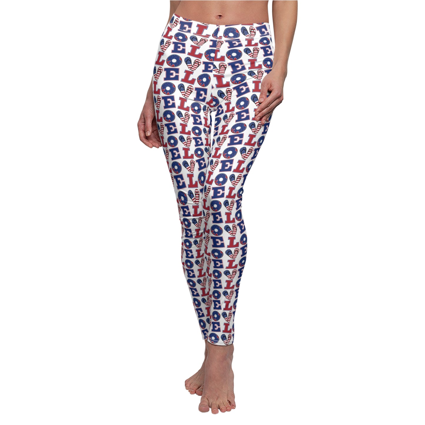 Women's 'LOVE' All-Over Print Leggings — Patriotic Red & Blue Heart Pattern