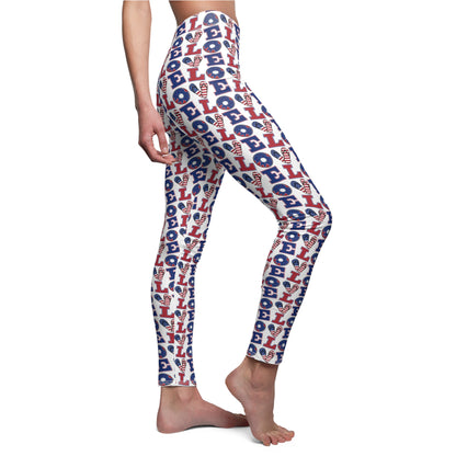 Women's 'LOVE' All-Over Print Leggings — Patriotic Red & Blue Heart Pattern