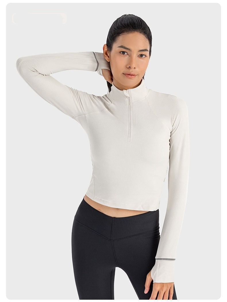 Short Autumn And Winter Half Zipper Sports Long Sleeve Women's Stand Collar Windproof Warm Safety Reflective Strip Workout Clothes