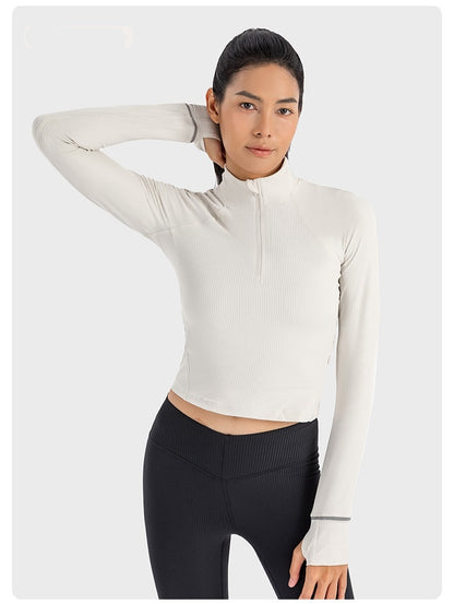 Short Autumn And Winter Half Zipper Sports Long Sleeve Women's Stand Collar Windproof Warm Safety Reflective Strip Workout Clothes