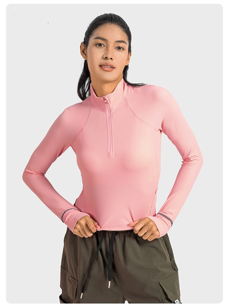 Short Autumn And Winter Half Zipper Sports Long Sleeve Women's Stand Collar Windproof Warm Safety Reflective Strip Workout Clothes