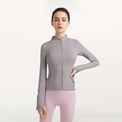 Women's Fashion Simple Finger Fit Design Long-sleeve Zipper Workout Clothes Running Top