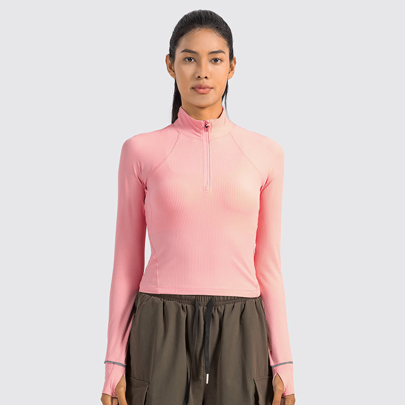 Short Autumn And Winter Half Zipper Sports Long Sleeve Women's Stand Collar Windproof Warm Safety Reflective Strip Workout Clothes