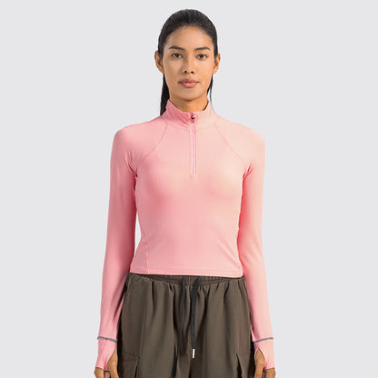 Short Autumn And Winter Half Zipper Sports Long Sleeve Women's Stand Collar Windproof Warm Safety Reflective Strip Workout Clothes