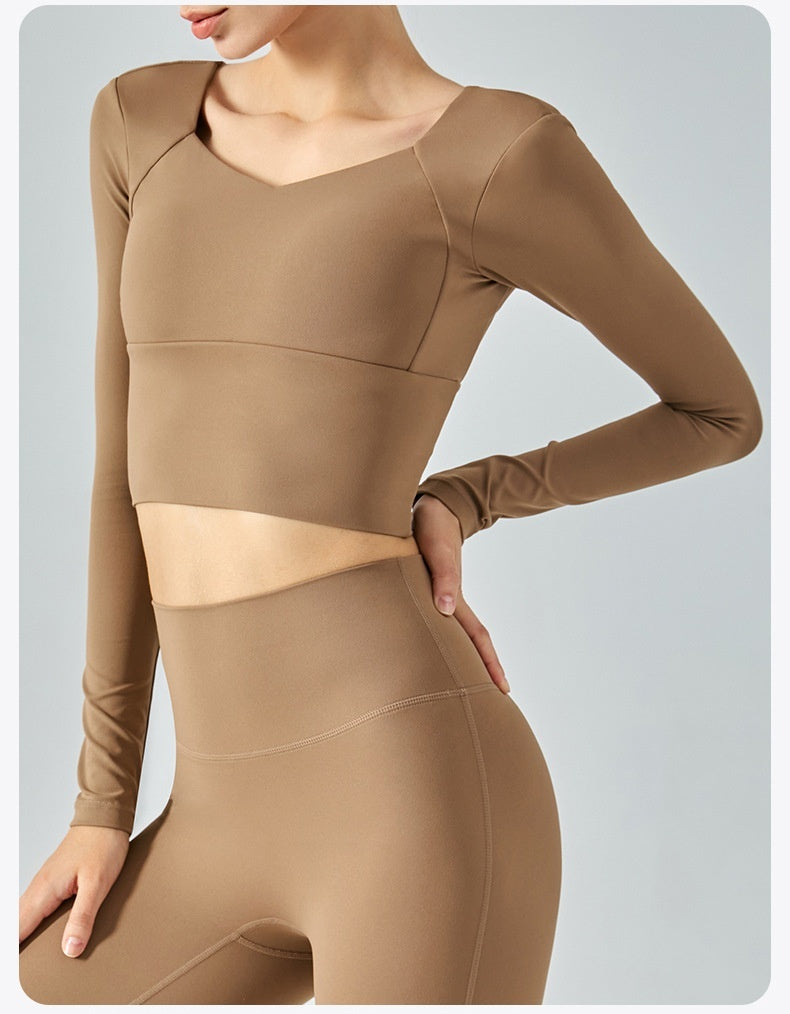 Autumn Yoga Clothes Long Sleeve Women's Short Tights With Chest Pad Workout Top