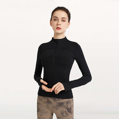 Women's Fashion Simple Finger Fit Design Long-sleeve Zipper Workout Clothes Running Top