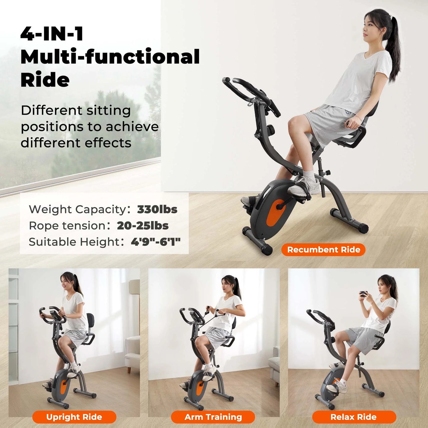 Folding Exercise Bike Stationary Magnetic Recumbent 3 in 1 Adjustable Arm Resistance Bands for Home Use