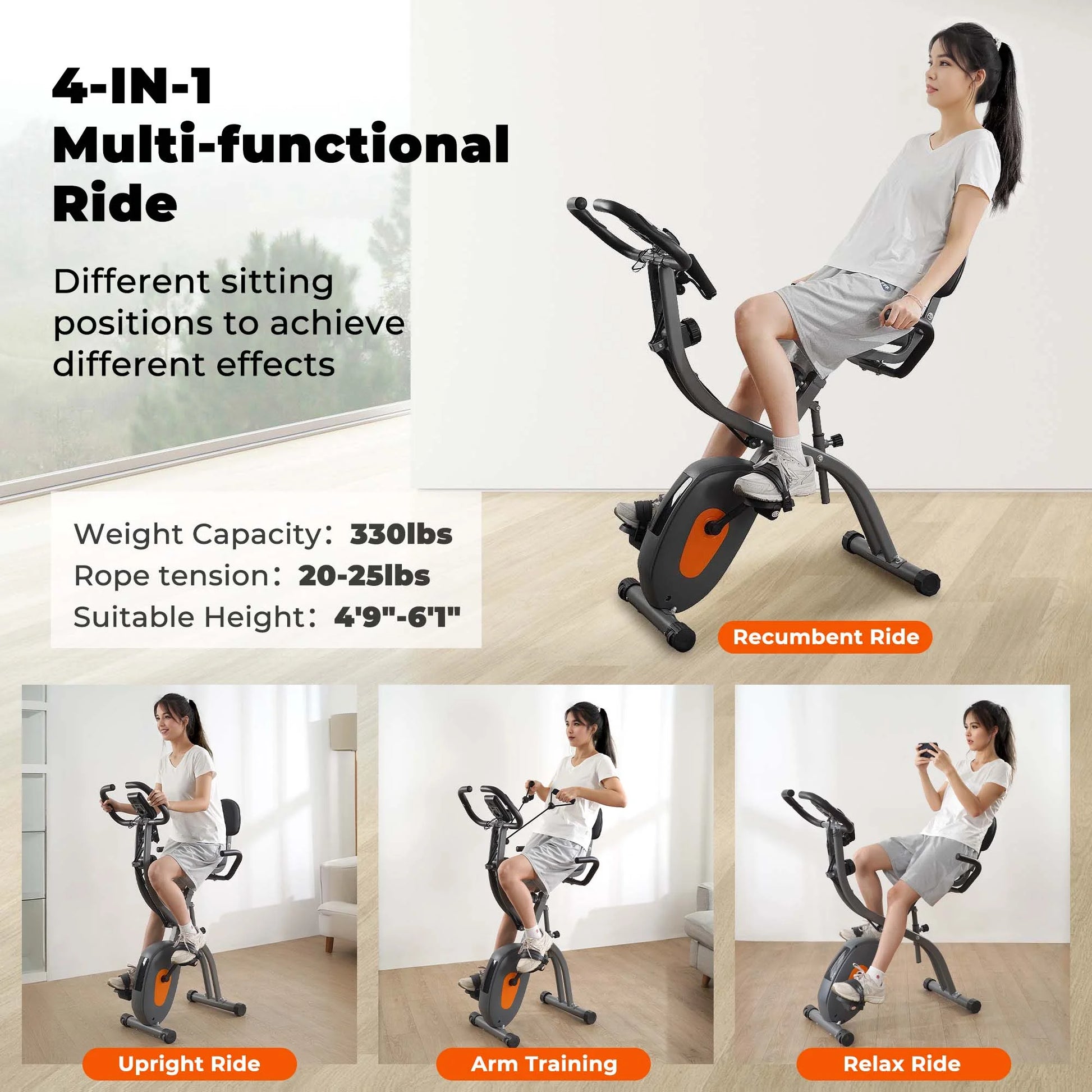 Folding Exercise Bike Stationary Magnetic Recumbent 3 in 1 Adjustable Arm Resistance Bands for Home Use