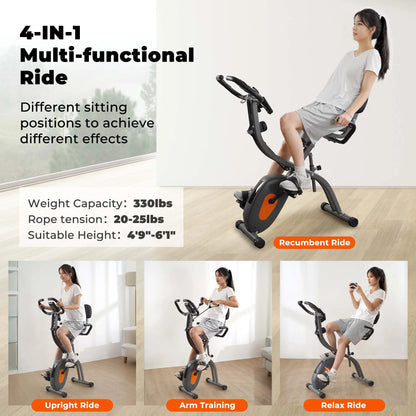 Folding Exercise Bike Stationary Magnetic Recumbent 3 in 1 Adjustable Arm Resistance Bands for Home Use