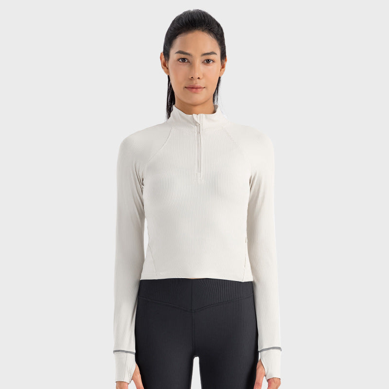 Short Autumn And Winter Half Zipper Sports Long Sleeve Women's Stand Collar Windproof Warm Safety Reflective Strip Workout Clothes