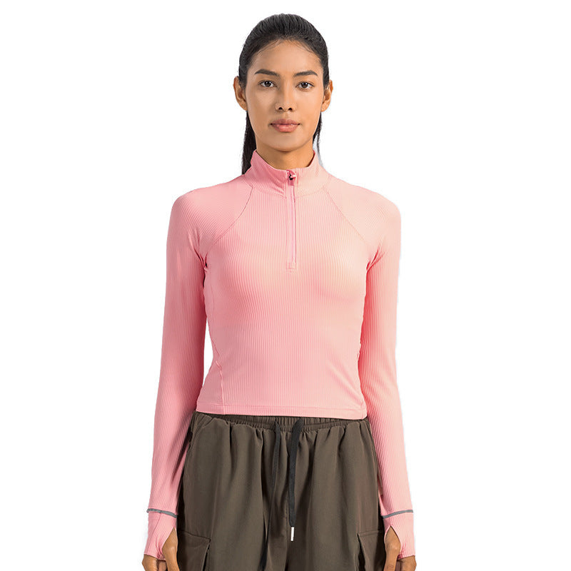 Short Autumn And Winter Half Zipper Sports Long Sleeve Women's Stand Collar Windproof Warm Safety Reflective Strip Workout Clothes