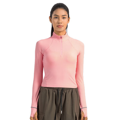 Short Autumn And Winter Half Zipper Sports Long Sleeve Women's Stand Collar Windproof Warm Safety Reflective Strip Workout Clothes
