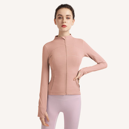 Women's Fashion Simple Finger Fit Design Long-sleeve Zipper Workout Clothes Running Top