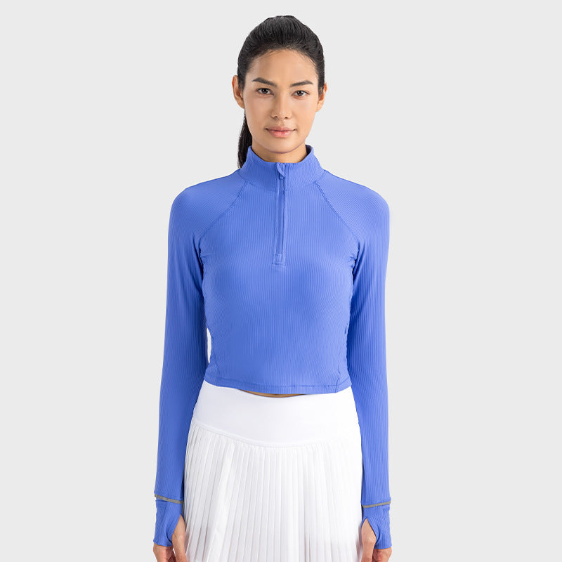 Short Autumn And Winter Half Zipper Sports Long Sleeve Women's Stand Collar Windproof Warm Safety Reflective Strip Workout Clothes