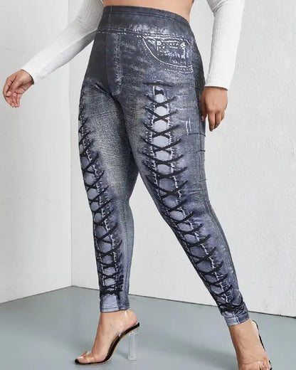 Women's Faux Denim Printed Comfort And Casual Leggings Plus Size