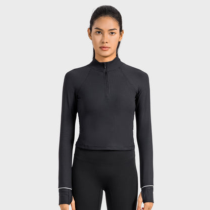 Short Autumn And Winter Half Zipper Sports Long Sleeve Women's Stand Collar Windproof Warm Safety Reflective Strip Workout Clothes
