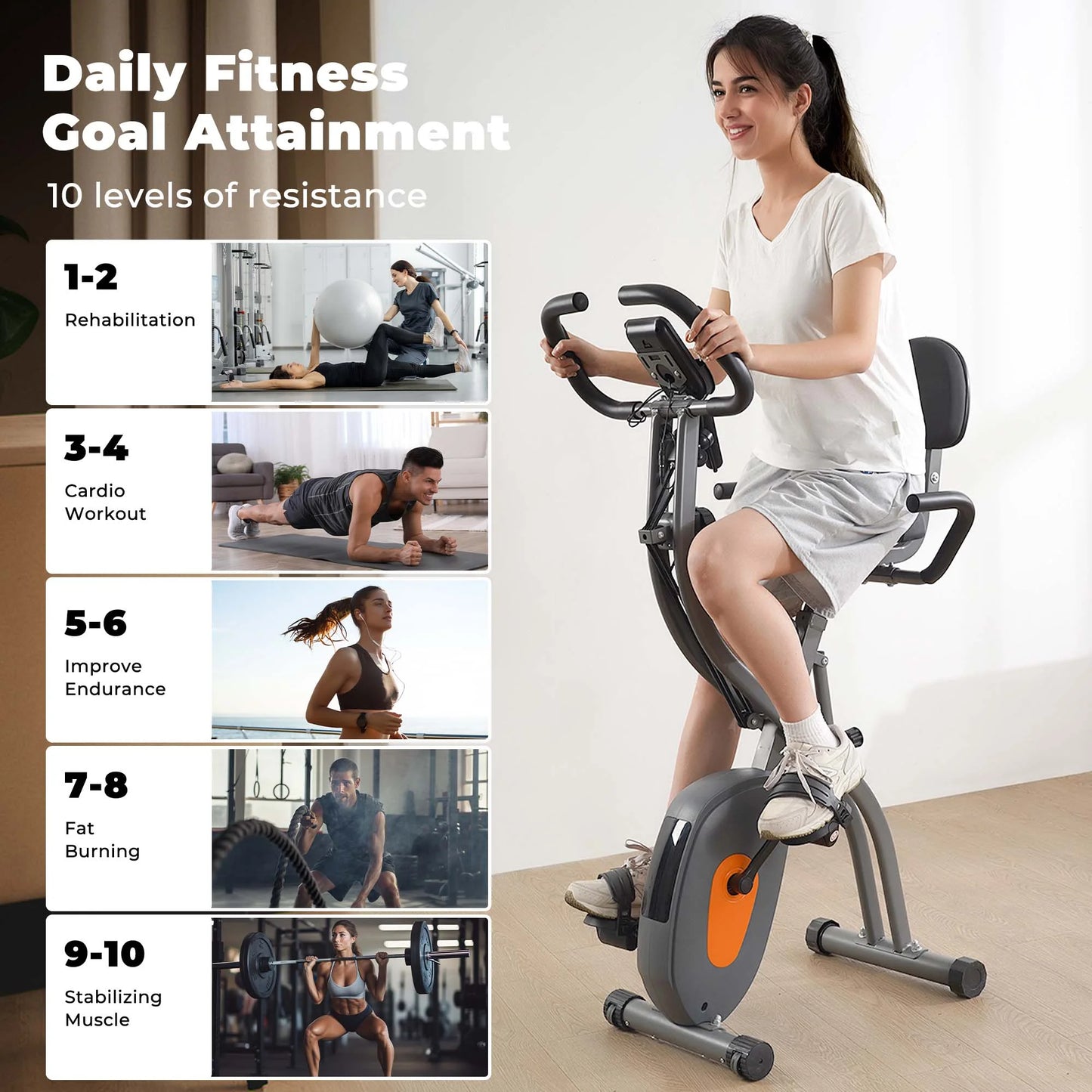 Folding Exercise Bike Stationary Magnetic Recumbent 3 in 1 Adjustable Arm Resistance Bands for Home Use