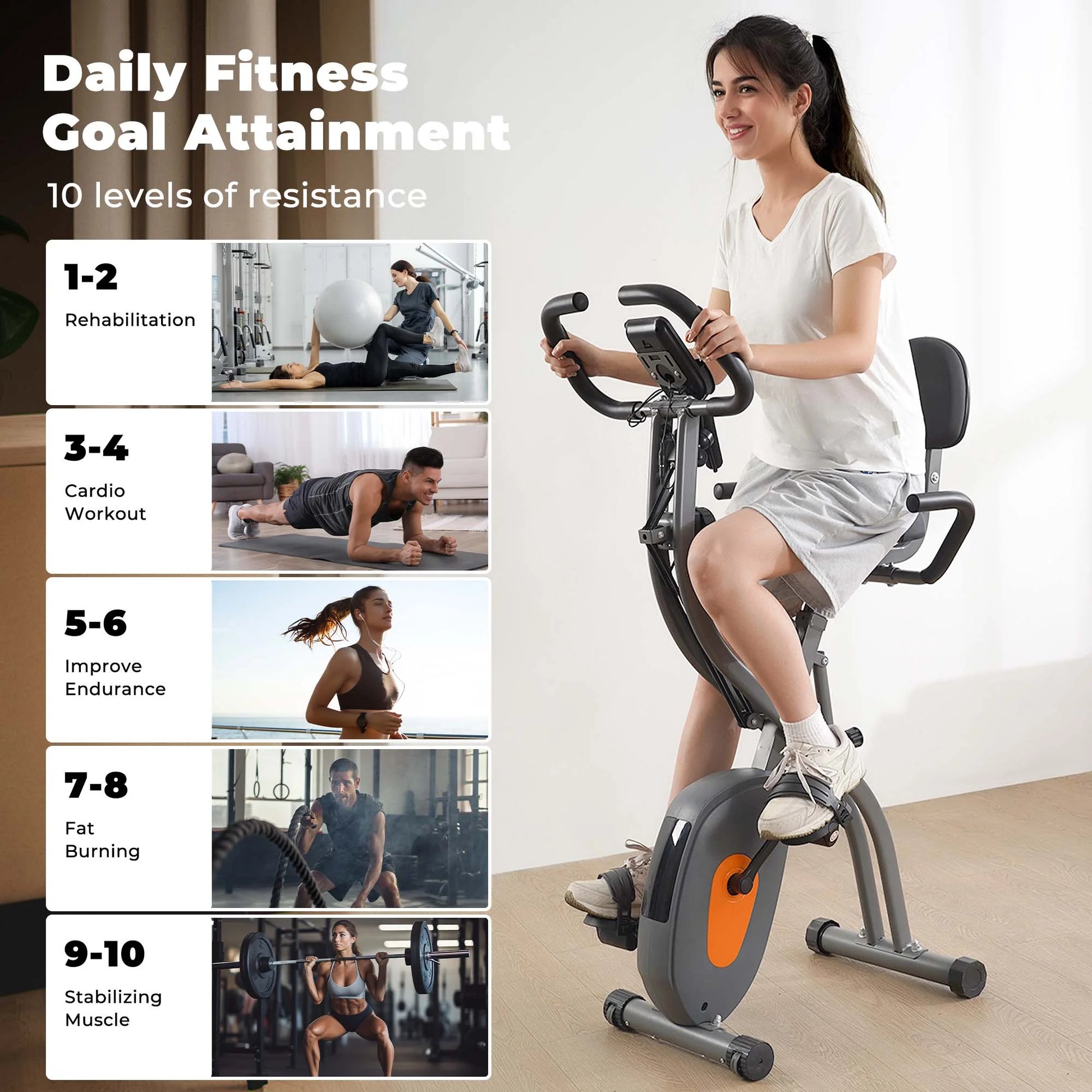 Folding Exercise Bike Stationary Magnetic Recumbent 3 in 1 Adjustable Arm Resistance Bands for Home Use
