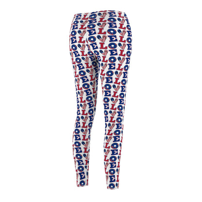 Women's 'LOVE' All-Over Print Leggings — Patriotic Red & Blue Heart Pattern