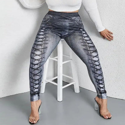 Women's Faux Denim Printed Comfort And Casual Leggings Plus Size