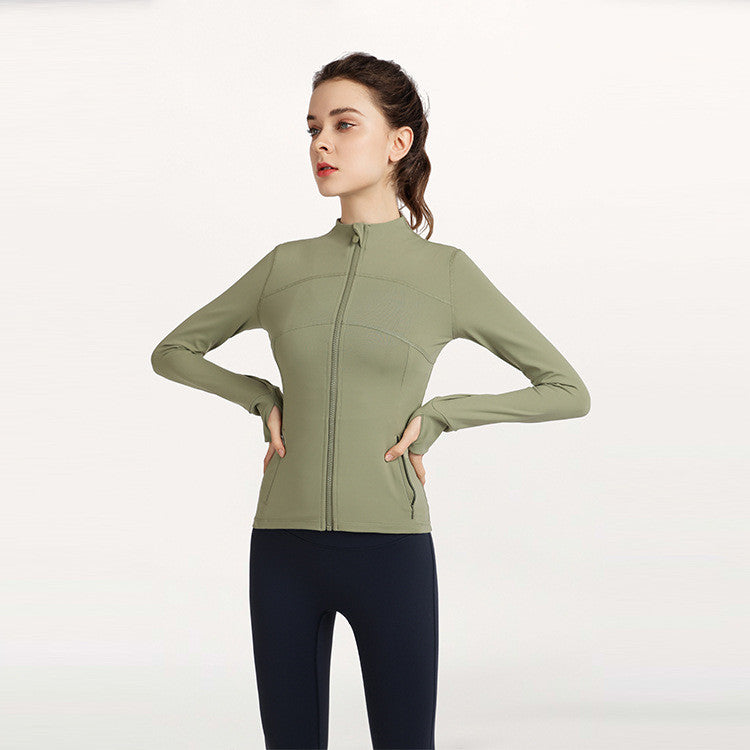 Women's Fashion Simple Finger Fit Design Long-sleeve Zipper Workout Clothes Running Top