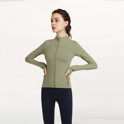 Women's Fashion Simple Finger Fit Design Long-sleeve Zipper Workout Clothes Running Top