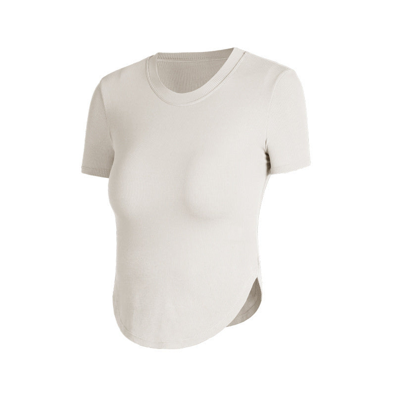 Rib Sports Short-sleeved Blouse With Chest Pad Workout Clothes Running T-shirt Beauty Back Tight