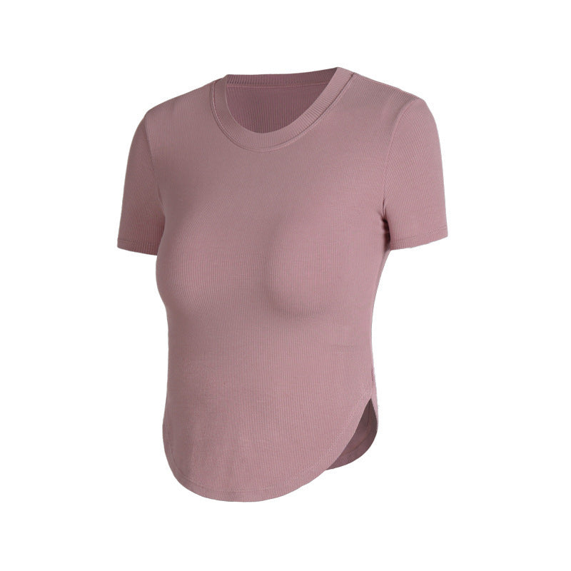 Rib Sports Short-sleeved Blouse With Chest Pad Workout Clothes Running T-shirt Beauty Back Tight