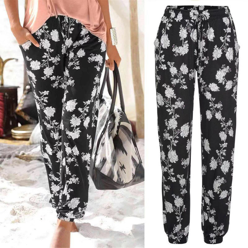 Women's Elastic Waist Printed Pocket Lace-up Leggings