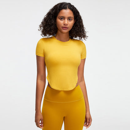 Rib Sports Short-sleeved Blouse With Chest Pad Workout Clothes Running T-shirt Beauty Back Tight