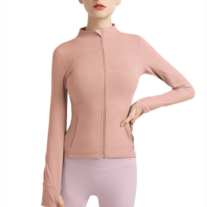 Women's Fashion Simple Finger Fit Design Long-sleeve Zipper Workout Clothes Running Top