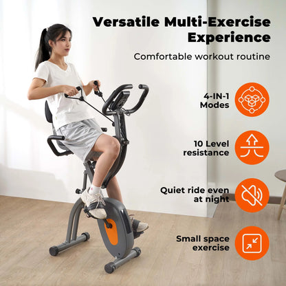 Folding Exercise Bike Stationary Magnetic Recumbent 3 in 1 Adjustable Arm Resistance Bands for Home Use
