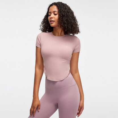 Rib Sports Short-sleeved Blouse With Chest Pad Workout Clothes Running T-shirt Beauty Back Tight
