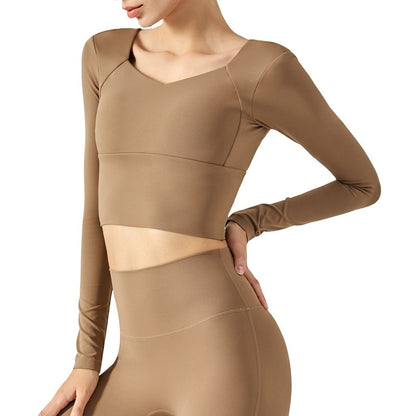 Autumn Yoga Clothes Long Sleeve Women's Short Tights With Chest Pad Workout Top